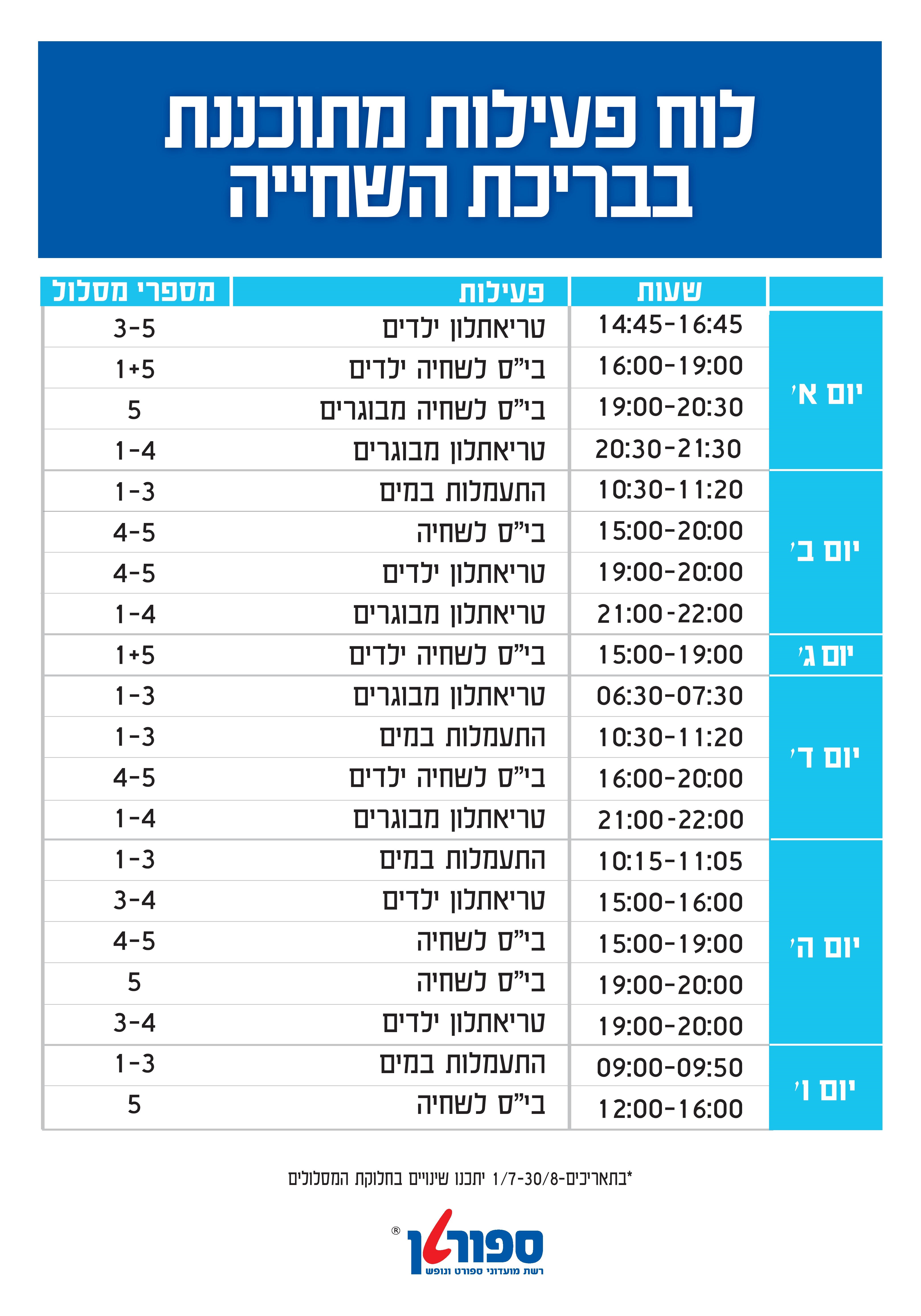 הוד השרון לוח פעילויות בבריכת השחייה
